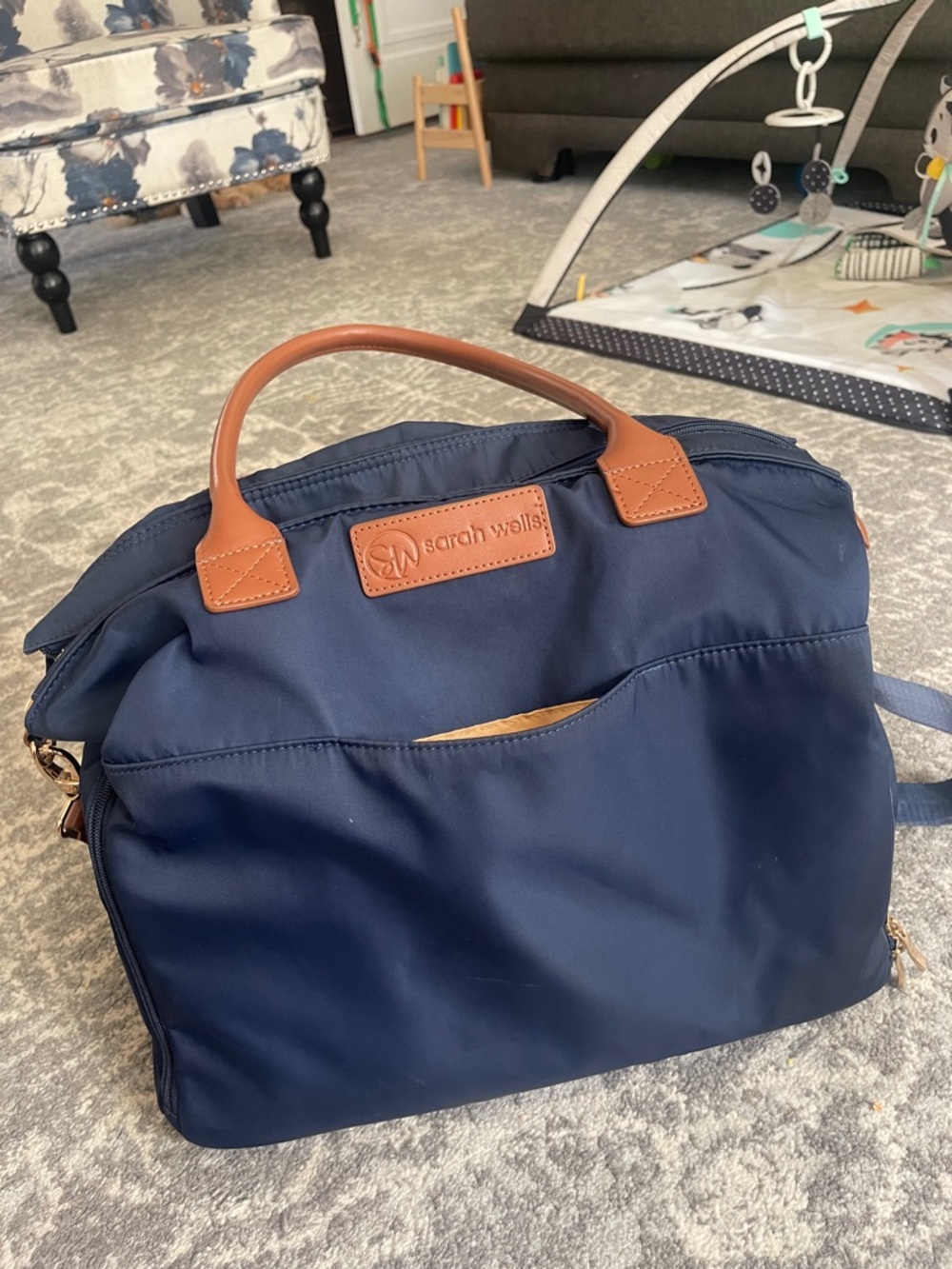 Sarah Wells Navy Pump Bag with Tan Accents. Style: Abby